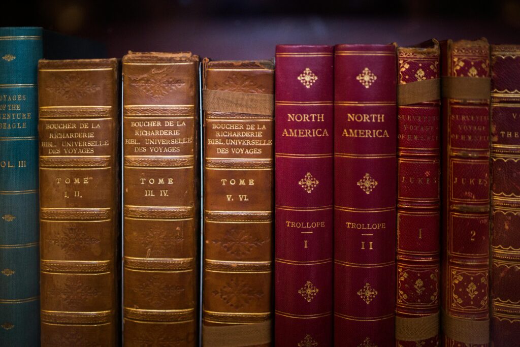 A collection of vintage hardcover books on a library shelf, showcasing historical literature.