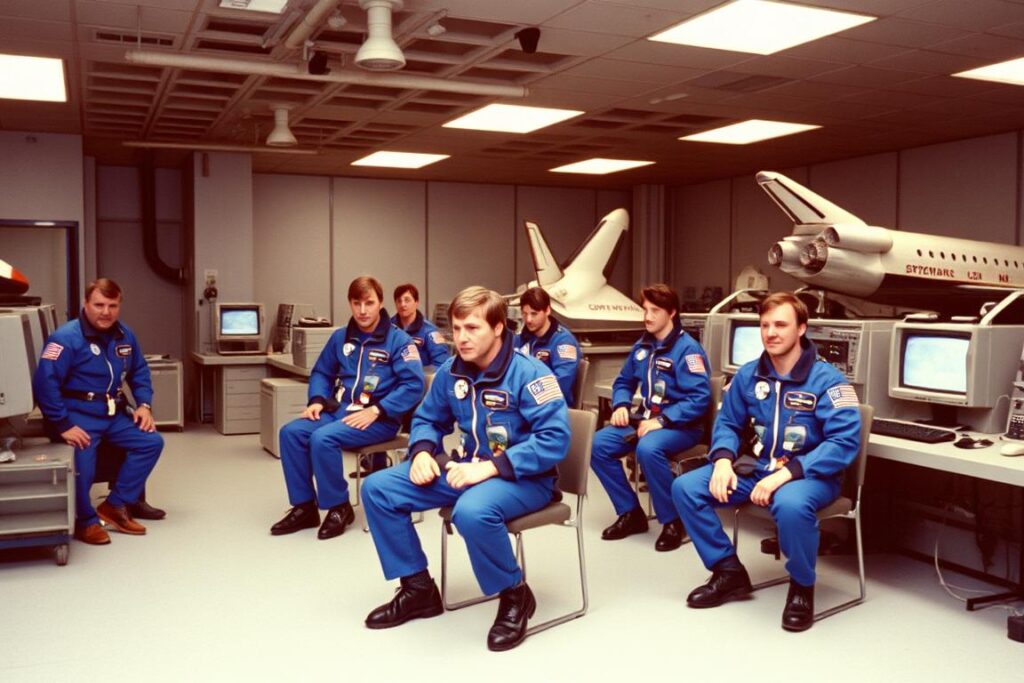 1980s NASA training facility with astronaut candidates in training