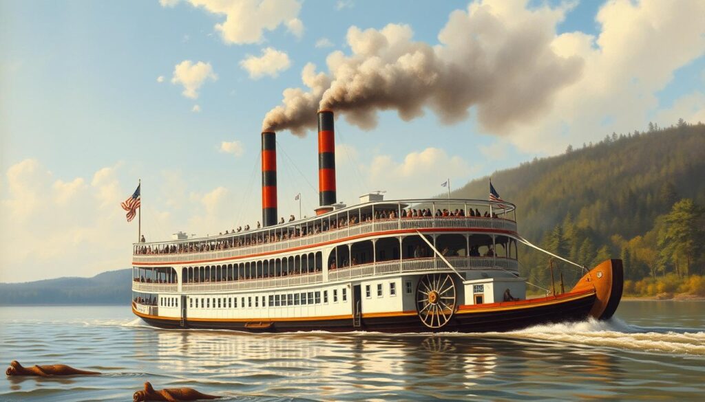 A steamboat navigating the Mississippi River in the 1850s with passengers on deck A steamboat navigating the Mississippi River in the 1850s with passengers on deck