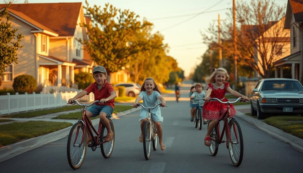 Children riding bicycles in a small town - representing childhood themes in IT by Stephen King