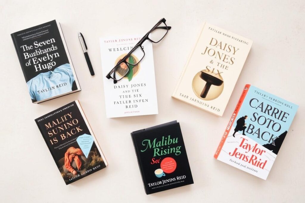 Collection of Taylor Jenkins Reid's previous novels including The Seven Husbands of Evelyn Hugo and Daisy Jones & The Six