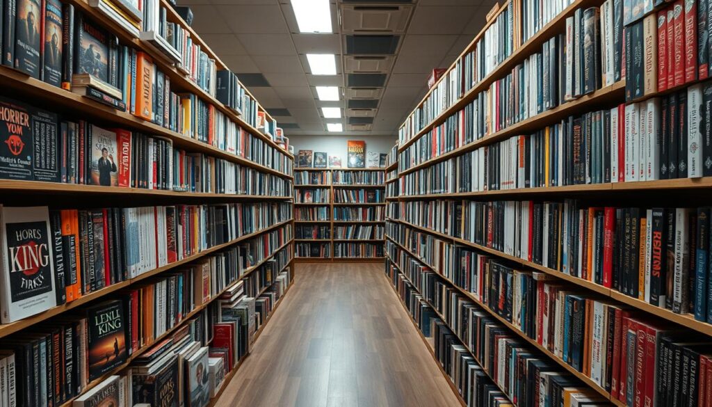Different genres of books on shelves