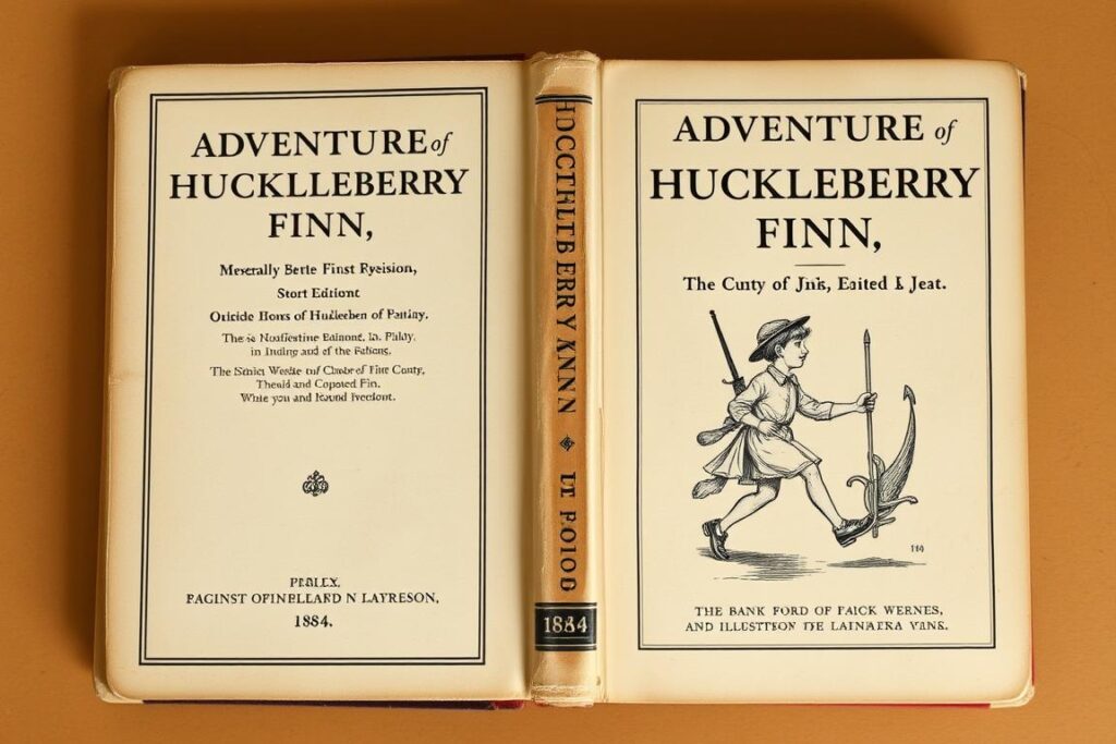 First edition cover of Adventures of Huckleberry Finn published in 1884 First edition cover of Adventures of Huckleberry Finn published in 1884