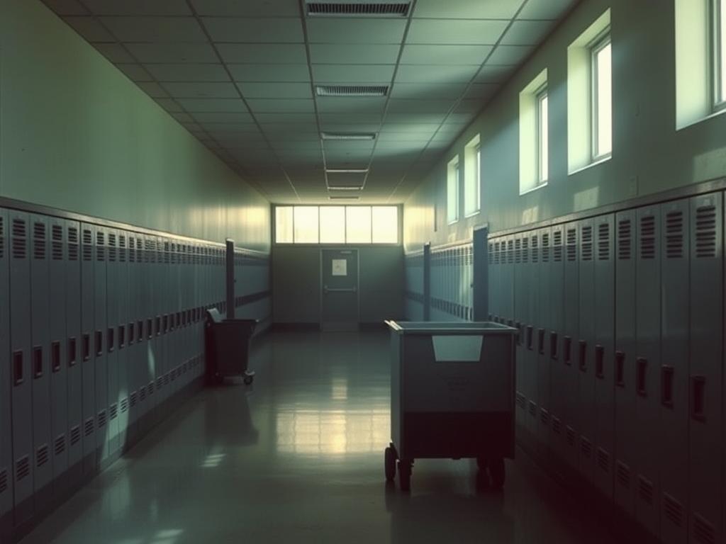 High school hallway with janitor cart