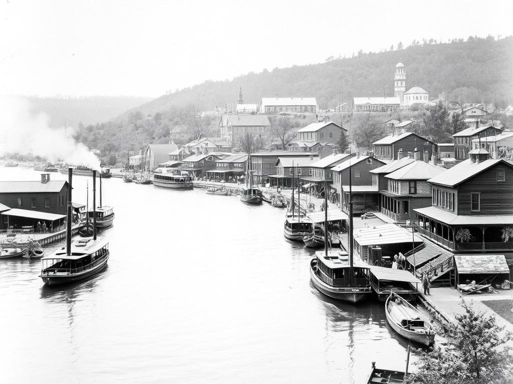 Historic photograph of Hannibal, Missouri along the Mississippi River in the 1840s Historic photograph of Hannibal, Missouri along the Mississippi River in the 1840s