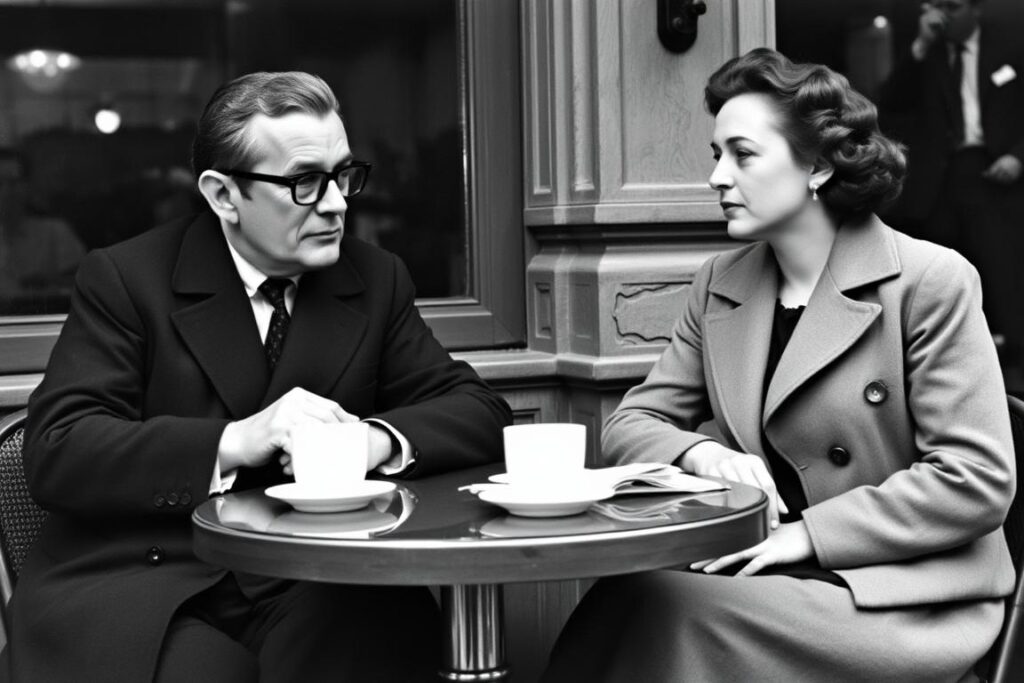 Jean Paul Sartre and Simone de Beauvoir sitting together at Café de Flore Jean Paul Sartre and Simone de Beauvoir sitting together at Café de Flore