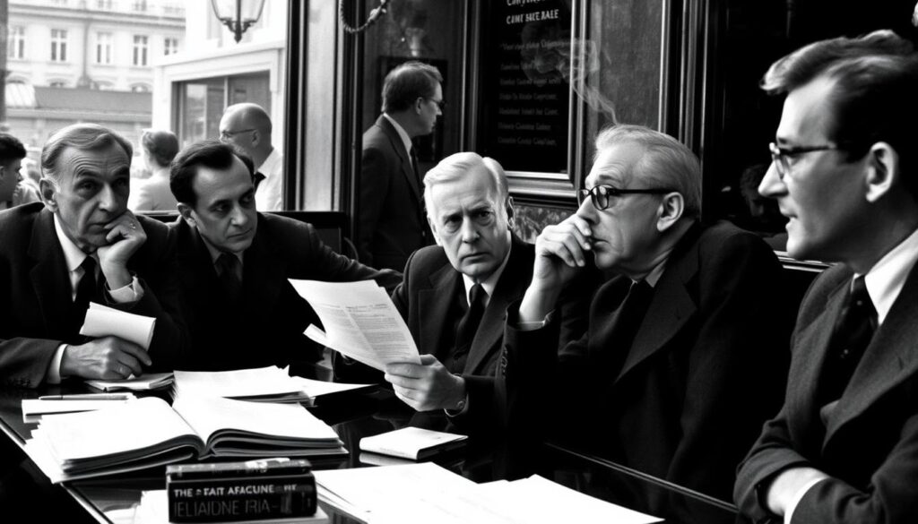Jean Paul Sartre engaged in philosophical discussion with colleagues Jean Paul Sartre engaged in philosophical discussion with colleagues