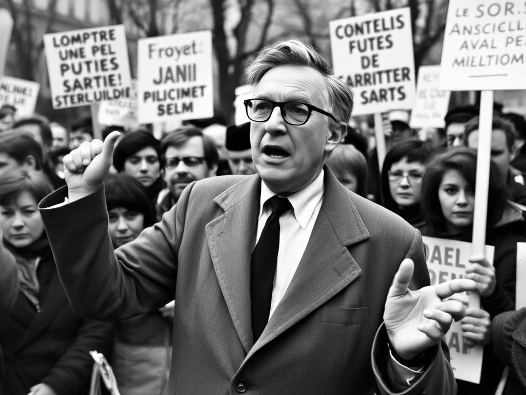Jean Paul Sartre speaking at a political rally in the 1960s Jean Paul Sartre speaking at a political rally in the 1960s
