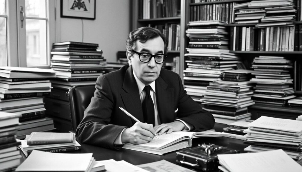 Jean Paul Sartre writing at his desk surrounded by books and papers Jean Paul Sartre writing at his desk surrounded by books and papers