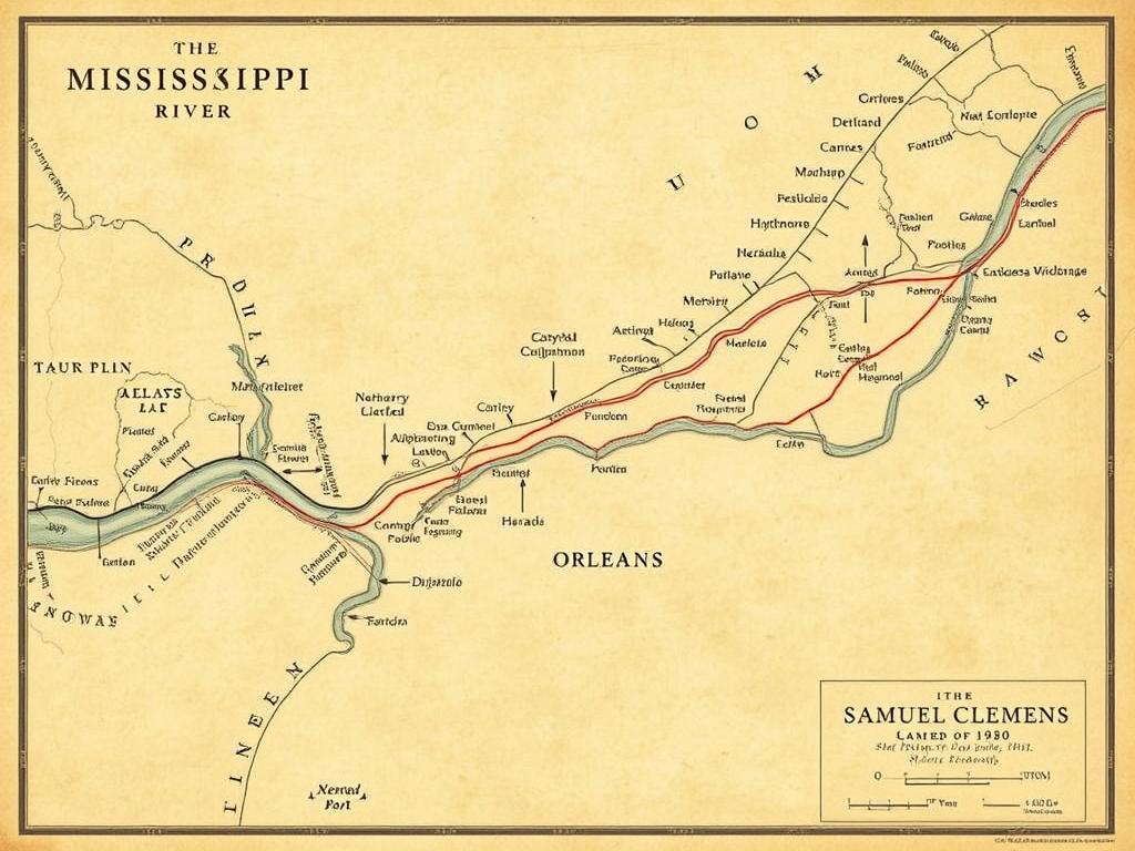 Map of the Mississippi River showing the routes Samuel Clemens navigated as a riverboat pilot Map of the Mississippi River showing the routes Samuel Clemens navigated as a riverboat pilot