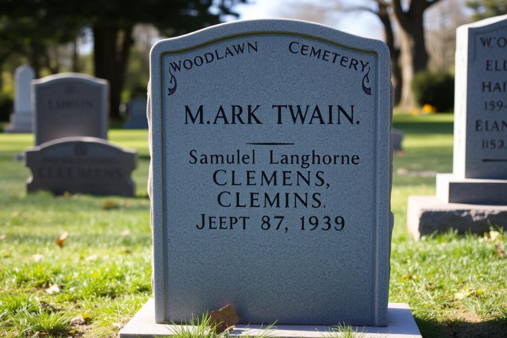 Mark Twain's grave in Woodlawn Cemetery, Elmira, New York Mark Twain's grave in Woodlawn Cemetery, Elmira, New York