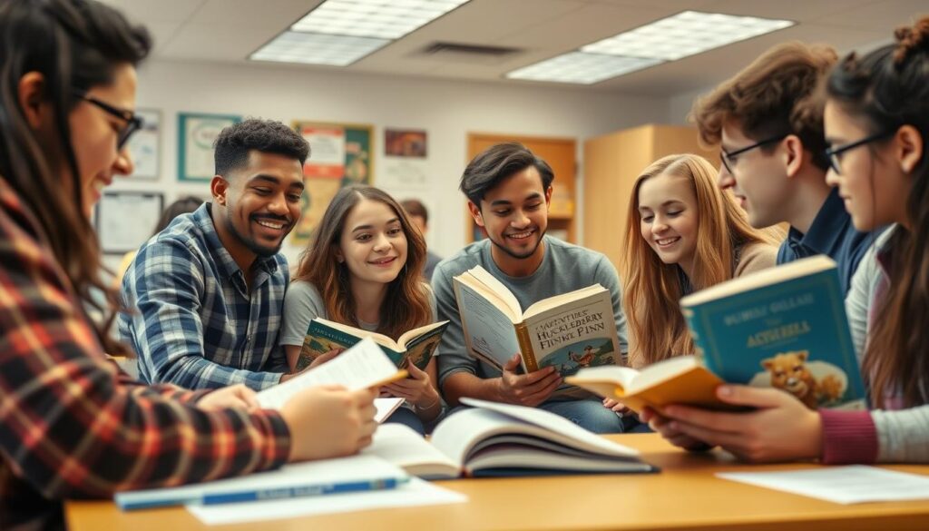 Modern high school students reading and discussing Adventures of Huckleberry Finn in class Modern high school students reading and discussing Adventures of Huckleberry Finn in class