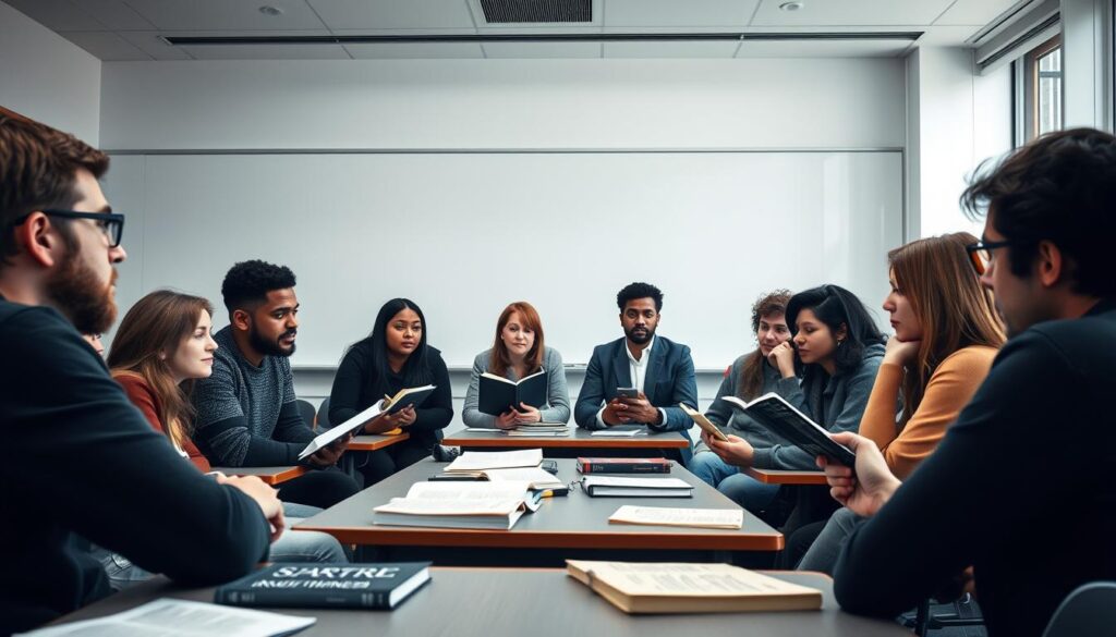 Modern university students studying Sartre's works in a philosophy class Modern university students studying Sartre's works in a philosophy class
