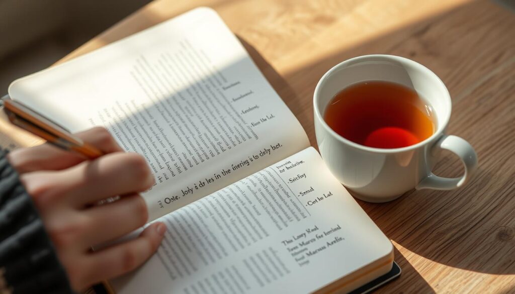 Person practicing Stoic journaling with quotes from Marcus Aurelius visible