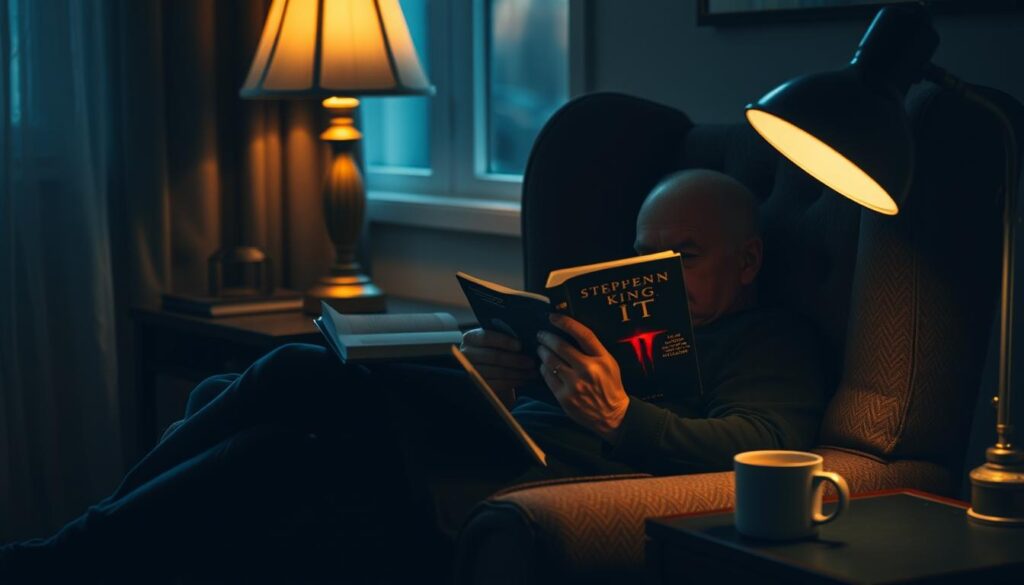 Person reading IT by Stephen King in a cozy setting