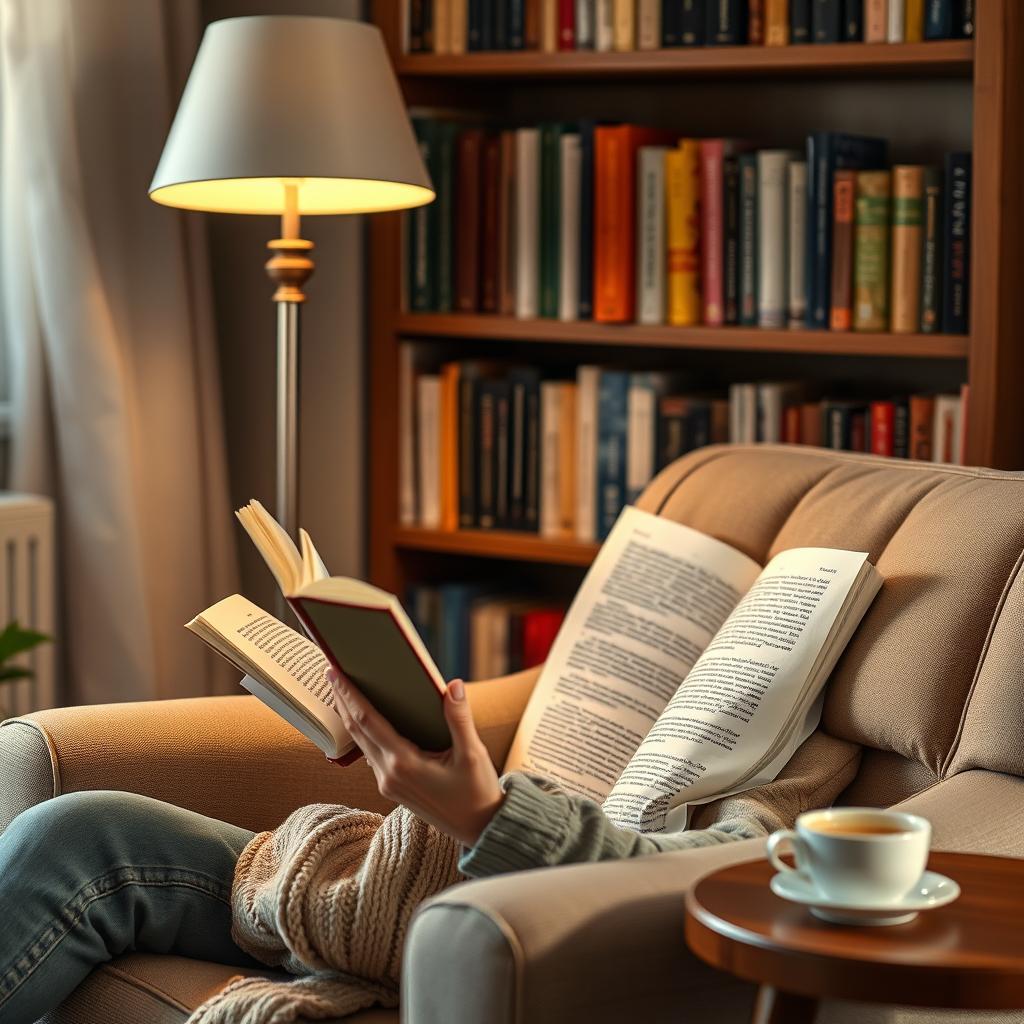 Person reading book in comfortable chair