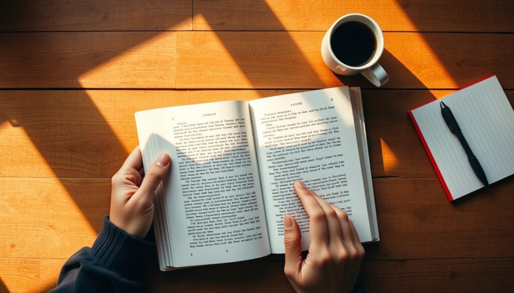 Person reading book with notebook nearby