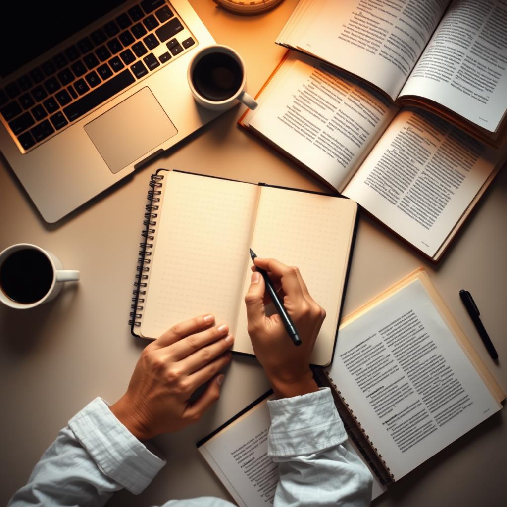 Person writing in notebook at desk