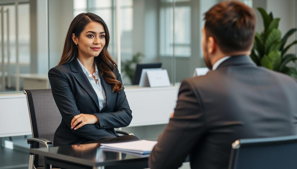 Professional woman confidently negotiating salary in office setting Professional woman confidently negotiating salary in office setting