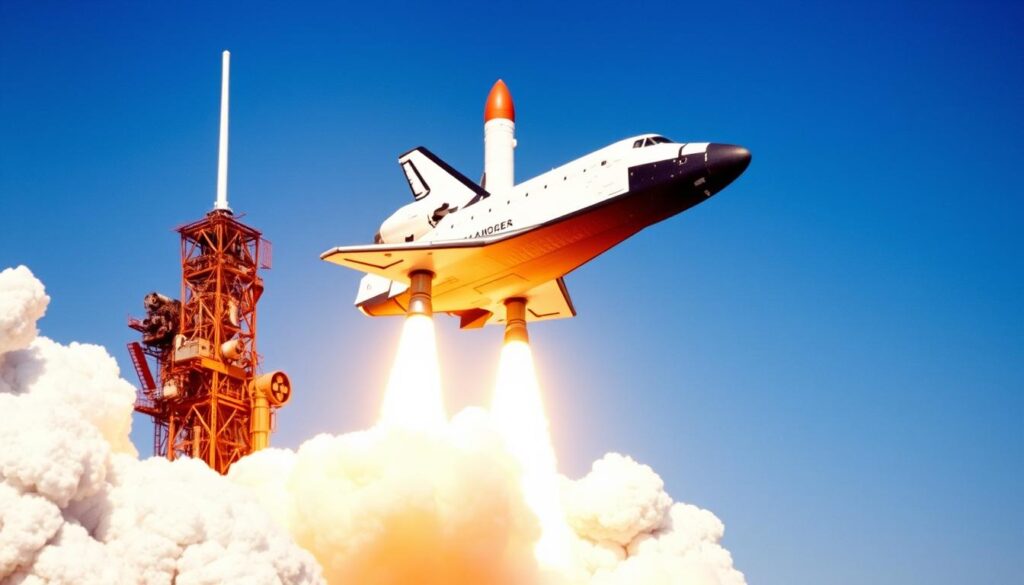 Space shuttle launch scene reminiscent of the 1980s NASA missions