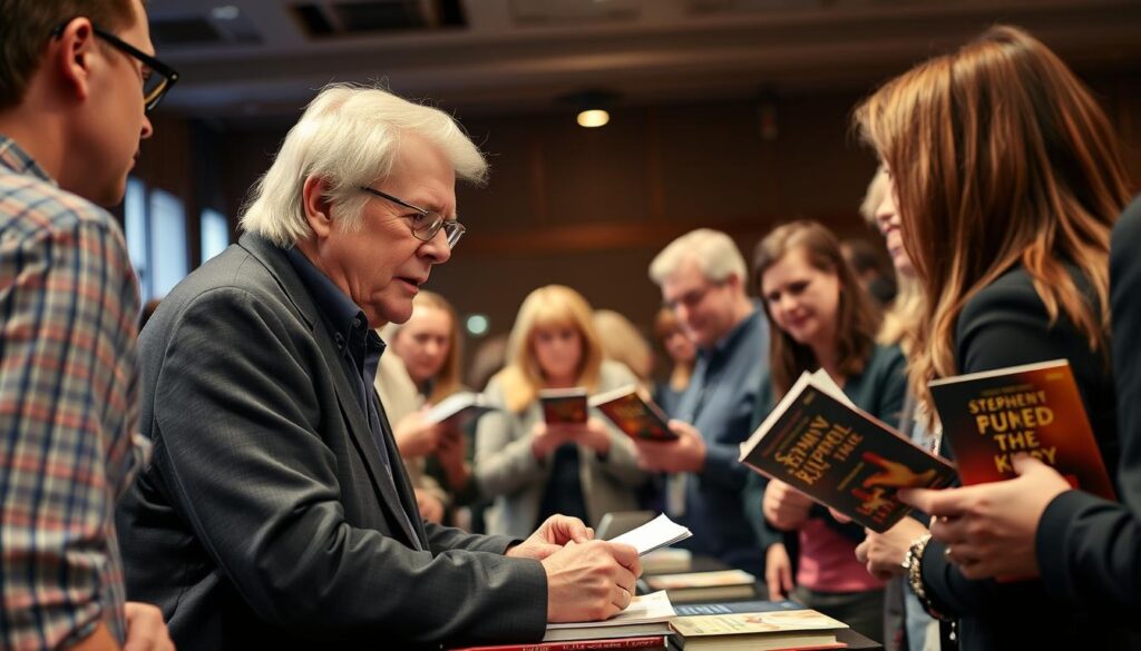 Stephen King signing books for fans