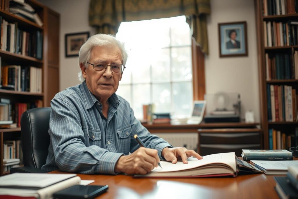 Stephen King writing at desk during recovery