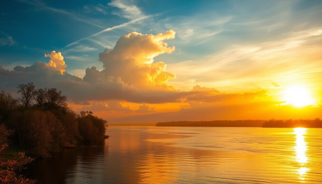 Sunset over the Mississippi River reminiscent of scenes from Mark Twain's writings Sunset over the Mississippi River reminiscent of scenes from Mark Twain's writings