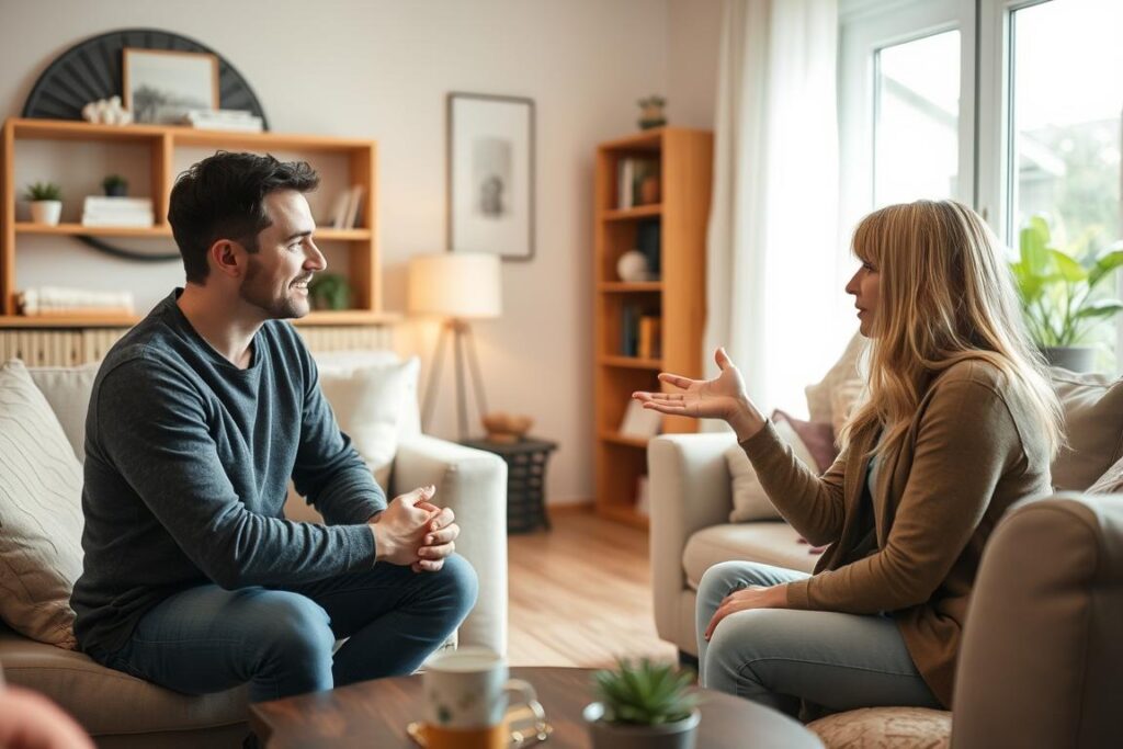 Two people having a calm, rational discussion during a disagreement