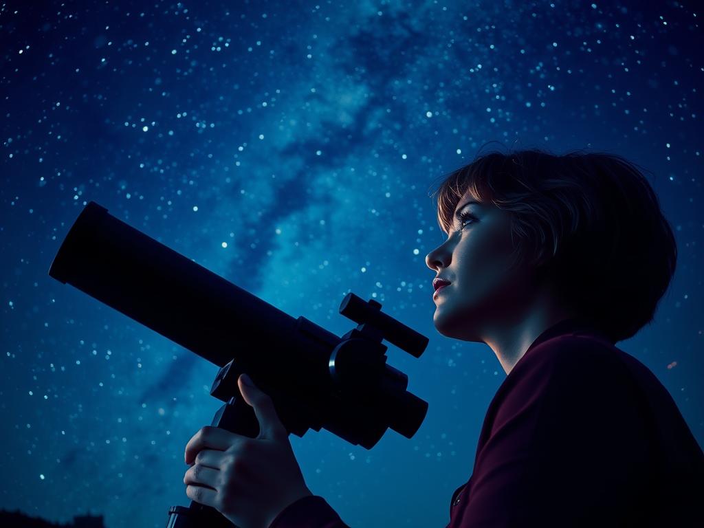 Woman looking at stars through telescope, representing Joan's journey of self-discovery