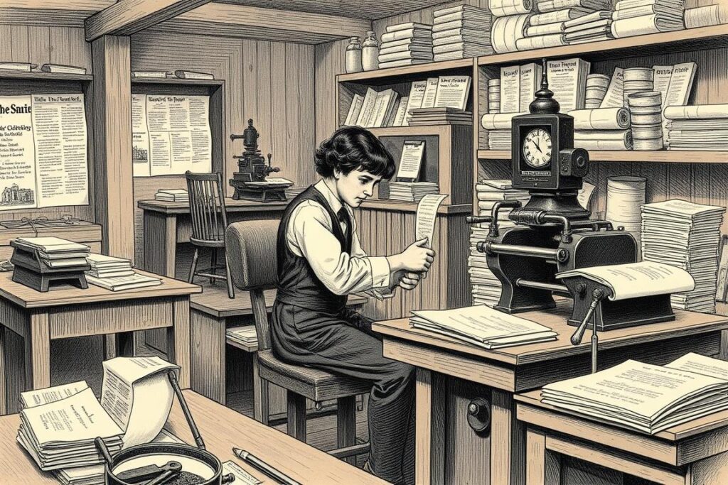 Young Samuel Clemens working as a printer's apprentice at a newspaper press Young Samuel Clemens working as a printer's apprentice at a newspaper press