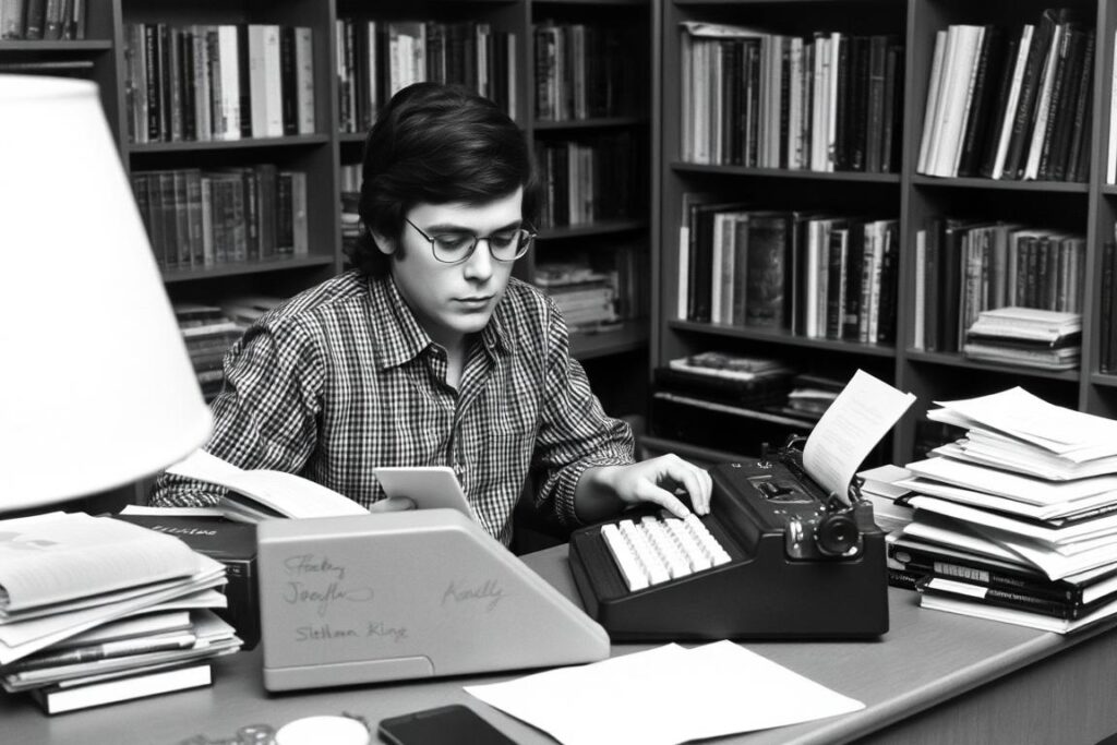 Young Stephen King typing at desk